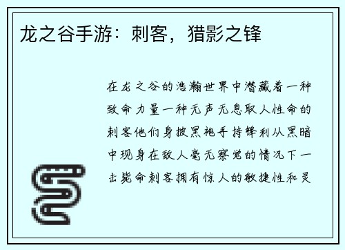 龙之谷手游：刺客，猎影之锋